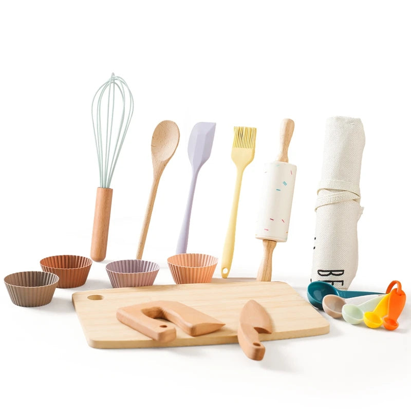 Conjunto de Utensílios de Cozinha de Madeira Toosly – brinquedo educativo Montessori para crianças, com acessórios de corte e brincar de casinha.