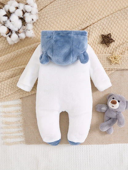 Macacão de Inverno Quente com Capuz para Meninos com Bordado de Urso de Desenho Animado - Macacão de Manga Comprida Espesso, Frente com Botões, Tecido de Pelúcia Macio, Perfeito para Brincadeiras ao Ar Livre de Outono/Inverno, Roupa de Bebé Menino, Roupa de Bebé Aconchegante, Roupa de Bebé Divertida, Botões de Pressão Duráveis
