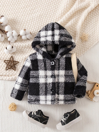 Novo Casaco de Inverno de Pelúcia com Capuz e Fechamento de Botões - Casaco Listrado e Aconchegante para Festas de Natal e Clima Frio (Corte Regular)