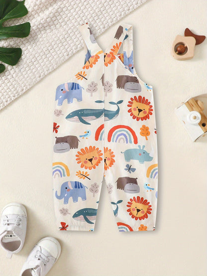 Macacão de Verão Casual para Meninos com Estampado Floral e Detalhes de Botões - Tecido Leve e Respirável, Manga Curta, Corte Normal, Design Divertido de Animais e Arco-Íris, para Exterior, Perfeito para Atividades ao Ar Livre, Roupa de Menino