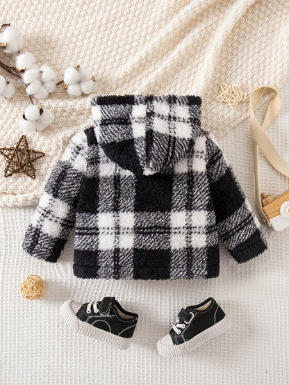 Novo Casaco de Inverno de Pelúcia com Capuz e Fechamento de Botões - Casaco Listrado e Aconchegante para Festas de Natal e Clima Frio (Corte Regular)