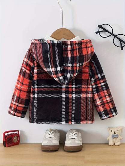 Novo Casaco de Inverno de Pelúcia com Capuz e Fechamento de Botões - Casaco Listrado e Aconchegante para Festas de Natal e Clima Frio (Corte Regular)