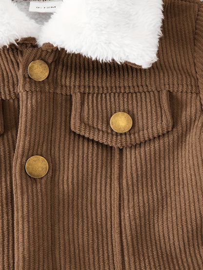 Casaco de cordeiro para rapazes com forro de lã e gola de pelúcia castanha, feito em tecido de cordeiro e forrado por dentro, quente e elegante para usar diariamente no outono/inverno, criando um look casual retro e suave, amigável com a cor bege e essencial para a moda, fácil de usar e quente, com um estilo pequeno e trendy, iluminando a diversão no inverno, casaco de criança para o inverno.