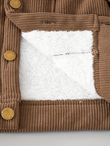 Casaco de cordeiro para rapazes com forro de lã e gola de pelúcia castanha, feito em tecido de cordeiro e forrado por dentro, quente e elegante para usar diariamente no outono/inverno, criando um look casual retro e suave, amigável com a cor bege e essencial para a moda, fácil de usar e quente, com um estilo pequeno e trendy, iluminando a diversão no inverno, casaco de criança para o inverno.