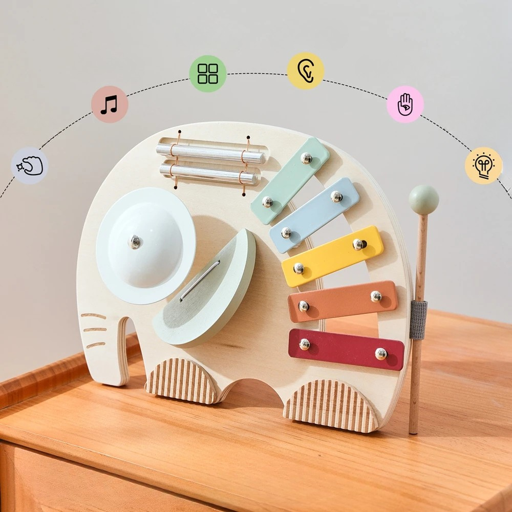Explore o Xilofone Montessori de Elefante da Toosly. Brinquedo musical feito de madeira que une diversão e aprendizado com segurança.