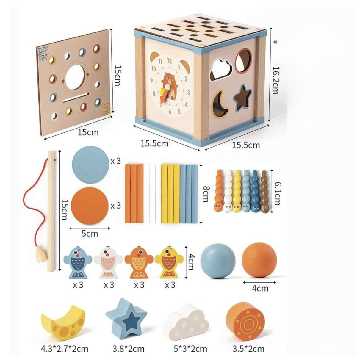 Cubo Atividades Montessori | Madeira Pesca Magnética, Ábaco, Relógio, Encaixe Formas | Educativo
