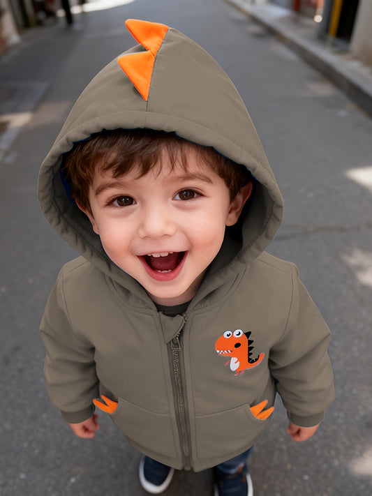 Casaco de Moletom com Capuz e Zíper de Manga Longa para Meninos, Estampa de Dinossauro, Estilo Universitário Estiloso e Versátil, Outono/Inverno, Roupas Infantis,Moda de Outono,Conjunto Casual para Meninos,Material Macio,Costura de Qualidade,Roupas Infantis Unissex,Jaqueta com Zíper