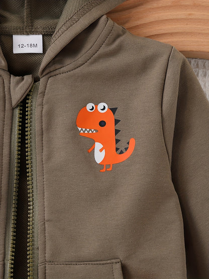 Casaco de Moletom com Capuz e Zíper de Manga Longa para Meninos, Estampa de Dinossauro, Estilo Universitário Estiloso e Versátil, Outono/Inverno, Roupas Infantis,Moda de Outono,Conjunto Casual para Meninos,Material Macio,Costura de Qualidade,Roupas Infantis Unissex,Jaqueta com Zíper
