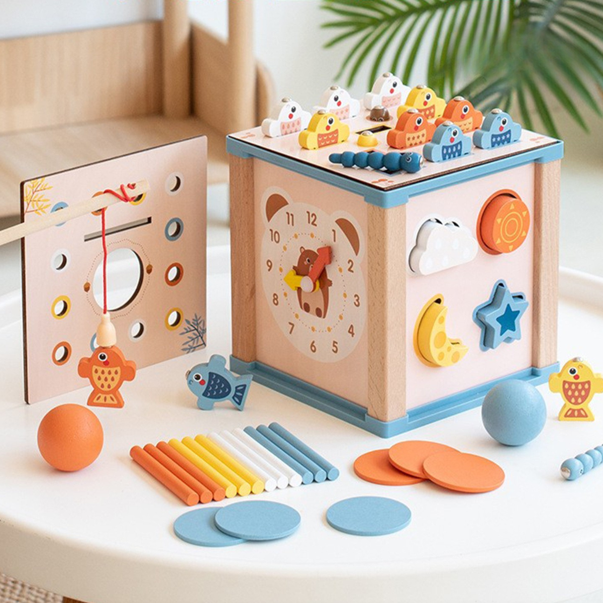 Cubo Atividades Montessori | Madeira Pesca Magnética, Ábaco, Relógio, Encaixe Formas | Educativo