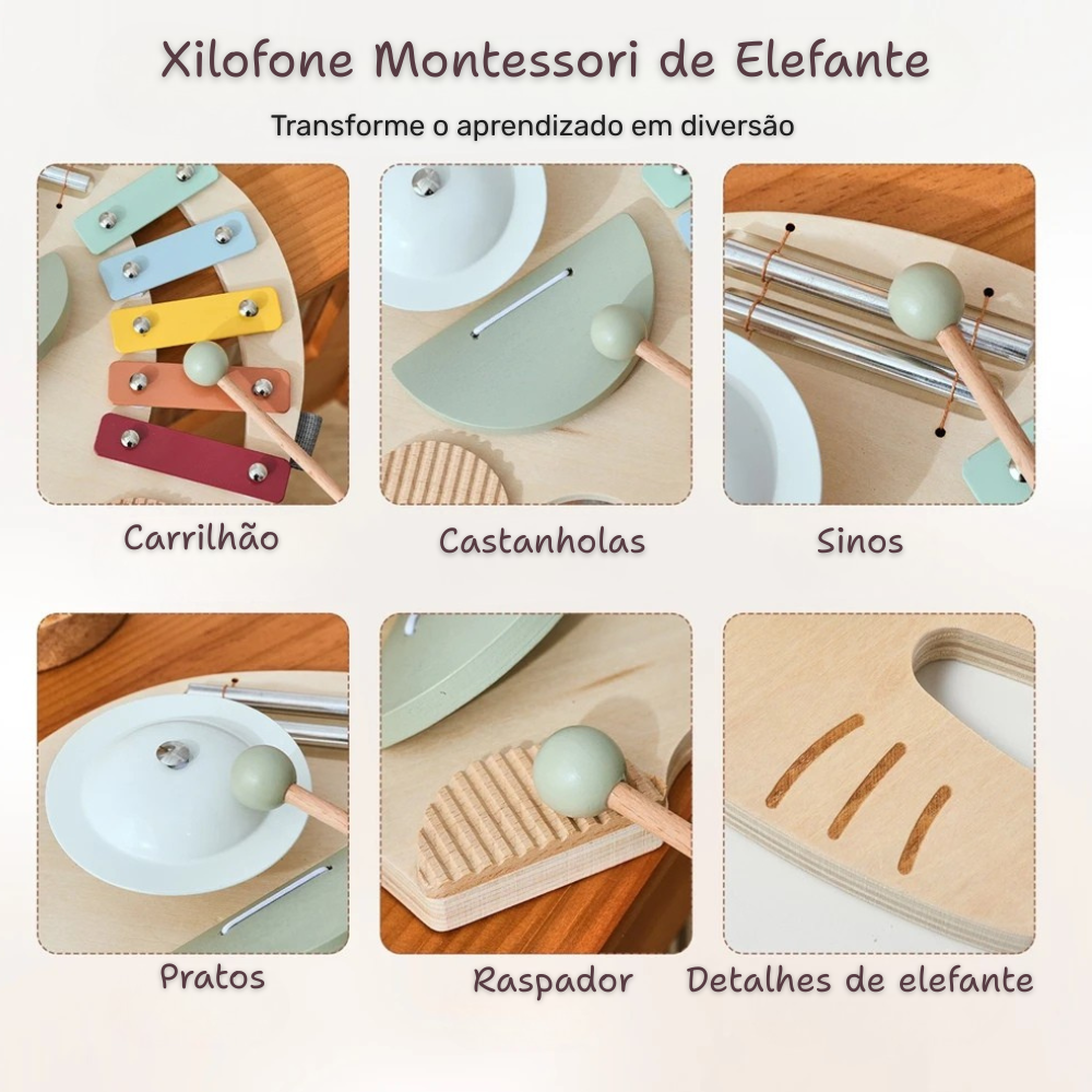 Explore o Xilofone Montessori de Elefante da Toosly. Brinquedo musical feito de madeira que une diversão e aprendizado com segurança.