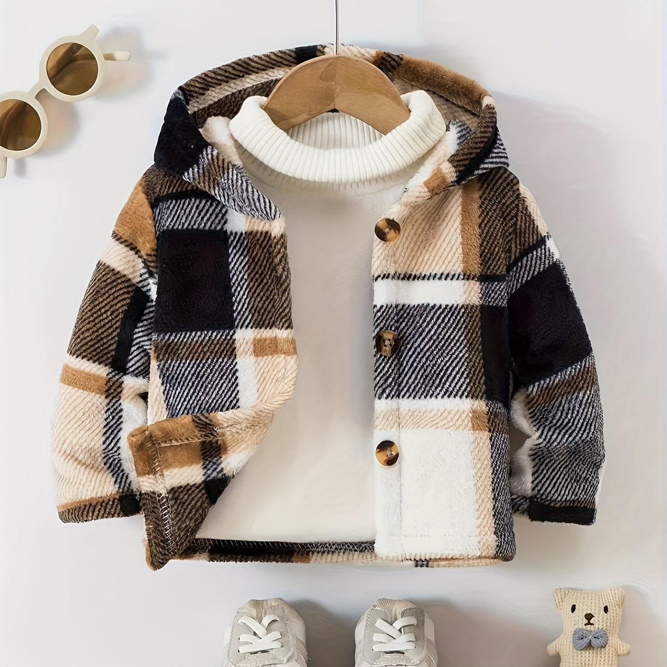 Novo Casaco de Inverno de Pelúcia com Capuz e Fechamento de Botões - Casaco Listrado e Aconchegante para Festas de Natal e Clima Frio (Corte Regular)