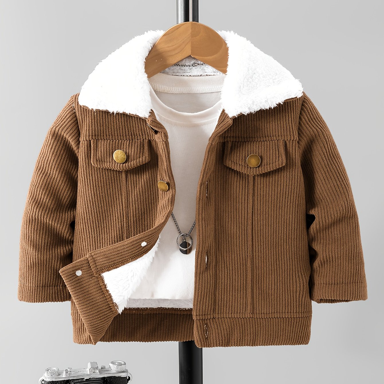 Casaco de cordeiro para rapazes com forro de lã e gola de pelúcia castanha, feito em tecido de cordeiro e forrado por dentro, quente e elegante para usar diariamente no outono/inverno, criando um look casual retro e suave, amigável com a cor bege e essencial para a moda, fácil de usar e quente, com um estilo pequeno e trendy, iluminando a diversão no inverno, casaco de criança para o inverno.