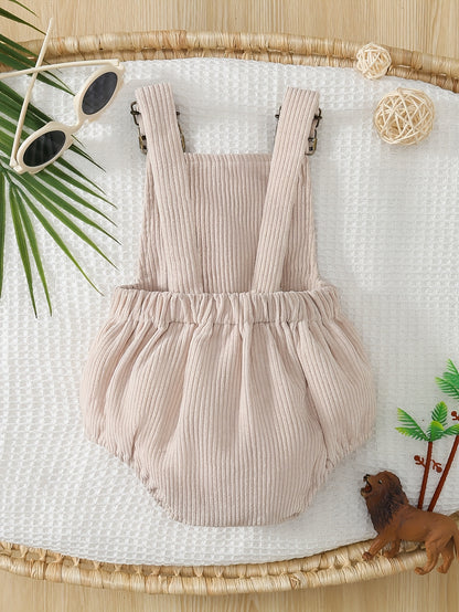 Macacão de bebé com bordado de leão fofo - Alça ajustável, decote quadrado, tecido de corduroy macio, design de leão de desenho animado, perfeito para o verão, roupa de bebé | Estilo casual | Material de corduroy, para exterior