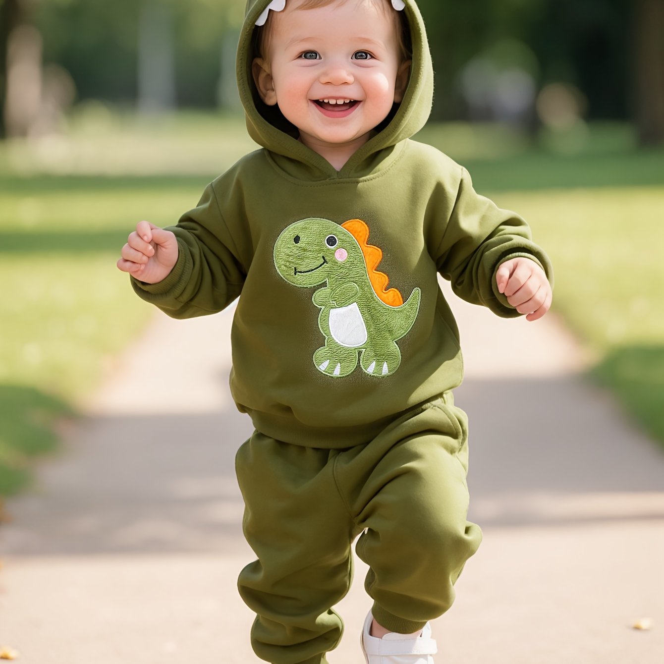 Conjunto de moletom com capuz e calça para bebê menino, tema dinossauro outono/inverno - detalhes em dentes e chifres. Ideal para uso ao ar livre nesta estação, Vestuário de Inverno para Exterior,Conjunto para Clima Frio,Conjunto de Moletom Dinossauro,Estampa de Animais Fofos,Detalhes dos Dentes de Dinossauro,Jovens Fãs de Dinossauros