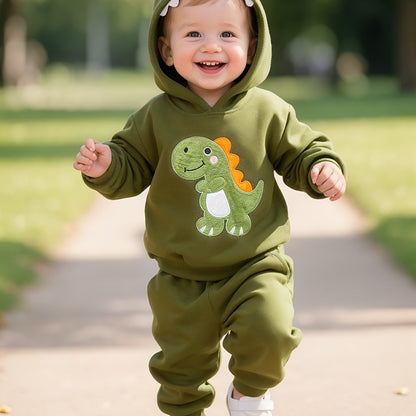 Conjunto de moletom com capuz e calça para bebê menino, tema dinossauro outono/inverno - detalhes em dentes e chifres. Ideal para uso ao ar livre nesta estação, Vestuário de Inverno para Exterior,Conjunto para Clima Frio,Conjunto de Moletom Dinossauro,Estampa de Animais Fofos,Detalhes dos Dentes de Dinossauro,Jovens Fãs de Dinossauros