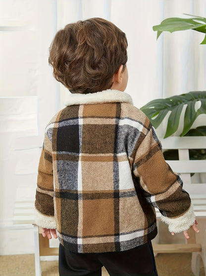 Casaco de Lã Xadrez para Meninos - Casaco de Inverno Macio e Quente com Padrão Xadrez, Casaco Casual de Manga Comprida para Exterior para Outono e Inverno, Fácil de Cuidar, Lavável na Máquina, Malha