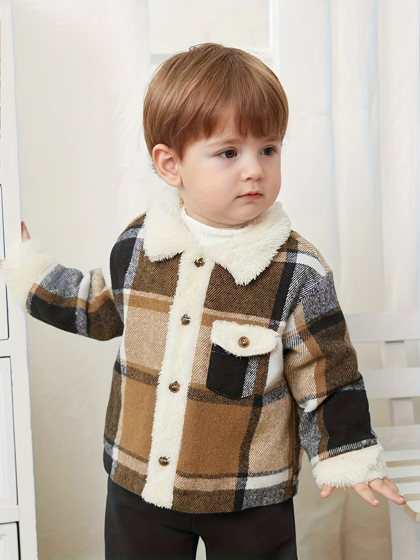 Casaco de Lã Xadrez para Meninos - Casaco de Inverno Macio e Quente com Padrão Xadrez, Casaco Casual de Manga Comprida para Exterior para Outono e Inverno, Fácil de Cuidar, Lavável na Máquina, Malha