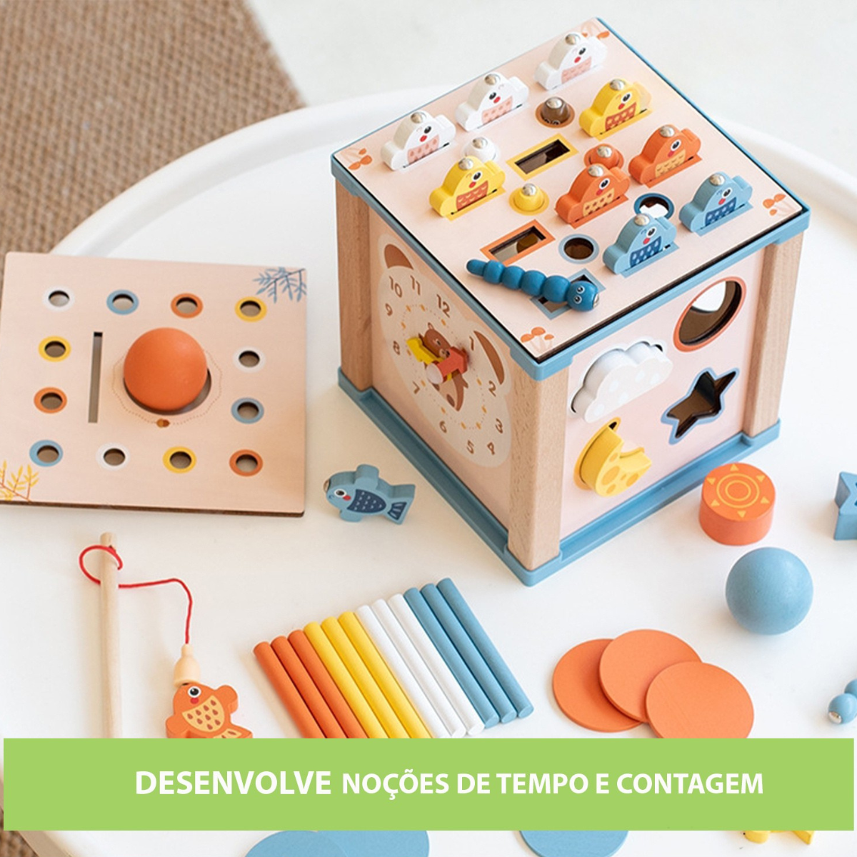 Cubo Atividades Montessori | Madeira Pesca Magnética, Ábaco, Relógio, Encaixe Formas | Educativo