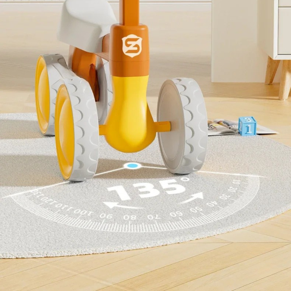 Quadriciclo Infantil Toosly: rodas emborrachadas e silenciosas que protegem o chão, estimulando equilíbrio, confiança e diversão com segurança.