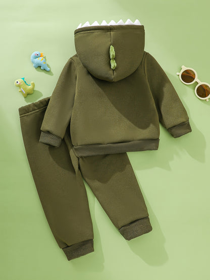 Conjunto de moletom com capuz e calça para bebê menino, tema dinossauro outono/inverno - detalhes em dentes e chifres. Ideal para uso ao ar livre nesta estação, Vestuário de Inverno para Exterior,Conjunto para Clima Frio,Conjunto de Moletom Dinossauro,Estampa de Animais Fofos,Detalhes dos Dentes de Dinossauro,Jovens Fãs de Dinossauros