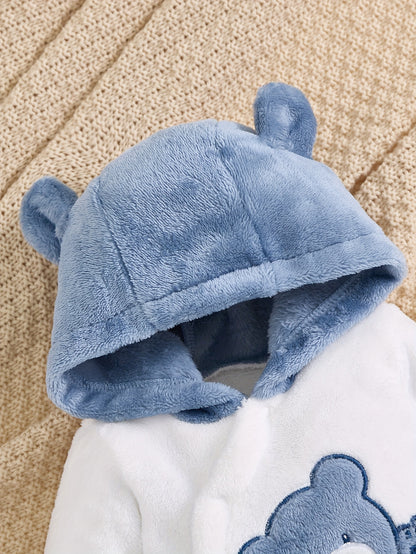 Macacão de Inverno Quente com Capuz para Meninos com Bordado de Urso de Desenho Animado - Macacão de Manga Comprida Espesso, Frente com Botões, Tecido de Pelúcia Macio, Perfeito para Brincadeiras ao Ar Livre de Outono/Inverno, Roupa de Bebé Menino, Roupa de Bebé Aconchegante, Roupa de Bebé Divertida, Botões de Pressão Duráveis