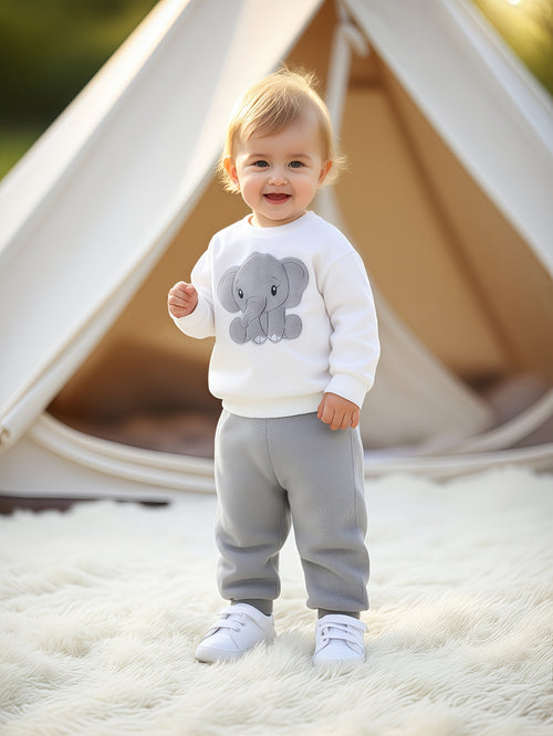 Conjunto de Moletom com Estampa Elefante 2 peças - Malha Macia para Calor no Inverno, Suéter Confortável Gola Redonda e Kalça Jogger Elástica na Cintura, Ótimos Recortes em Forma ele Fofinho & Coraçãoção Roupão Casual até 12 Meses, 12 meses. (Lavagem à Mã) Presente Ideal Para Chuveiro Texturizado Canelado Extra Quente Camiseta De Longo Comprimento E Bermuda A Condizer Tecido Nao-Elastic Design Divertirdo Do Pequeno Animal Perfeito Pro Outono/Inte Verde