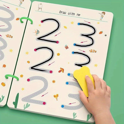 Conjunto de registro prático reutilizável para crianças com caneta apagável e borracha, exercícios de escrita de números e letras, treinamento de controle da caneta e aprendizado de habilidades de escritura em caderno educacional