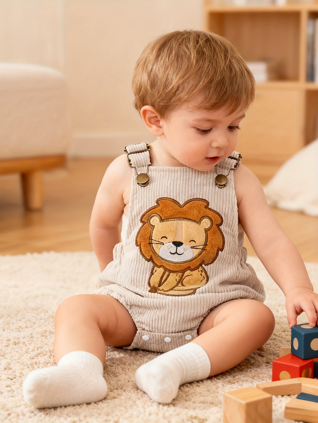 Macacão de bebé com bordado de leão fofo - Alça ajustável, decote quadrado, tecido de corduroy macio, design de leão de desenho animado, perfeito para o verão, roupa de bebé | Estilo casual | Material de corduroy, para exterior
