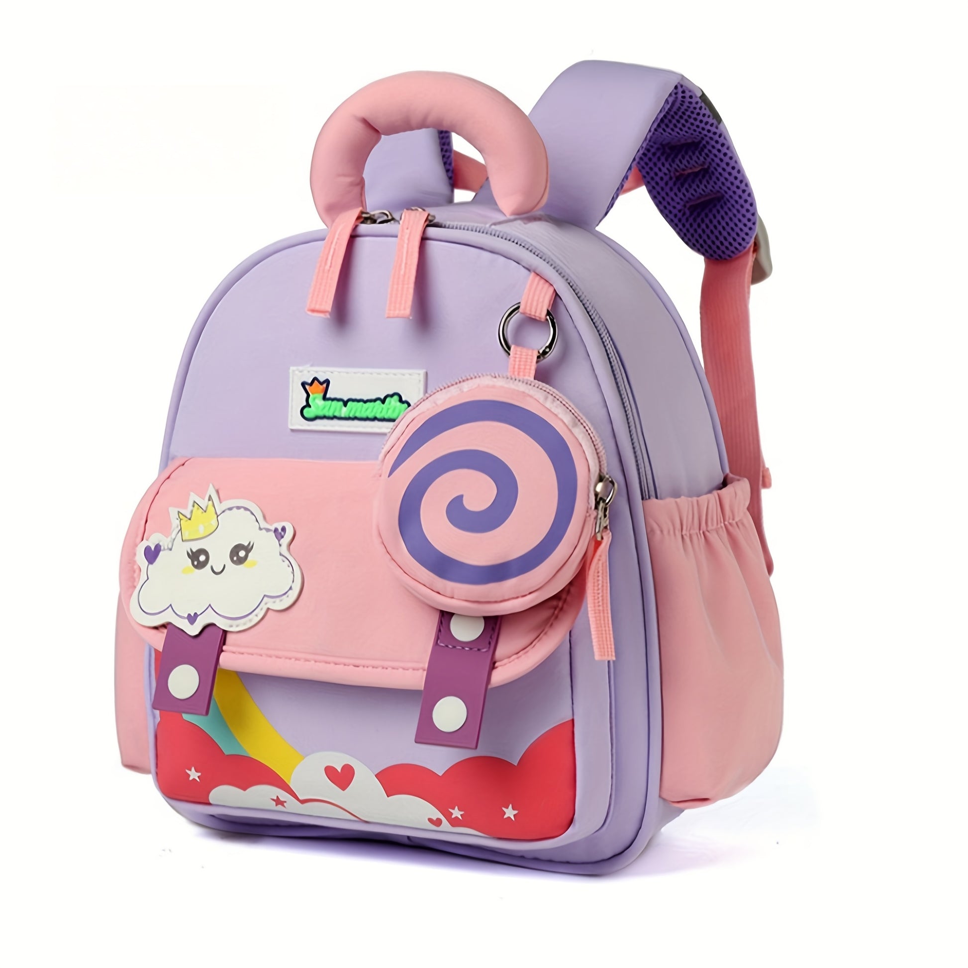 Mochila Fofa Pastel com Corações, Flores, Doces e Personagens - Alça Ajustável, Moldura Removível Estampada & Forro Laváveis na Máquina para Jardim de Infância (Cores: Rosa, Azul, Amarelo, Verde, Roxo), Mochila Escolar,Mochila Escolar Unissex e Fashion,Mochilas Escolares,Mochila Para Escola,Mochila para Jardim de Infância,Mochila Pré-Escolar