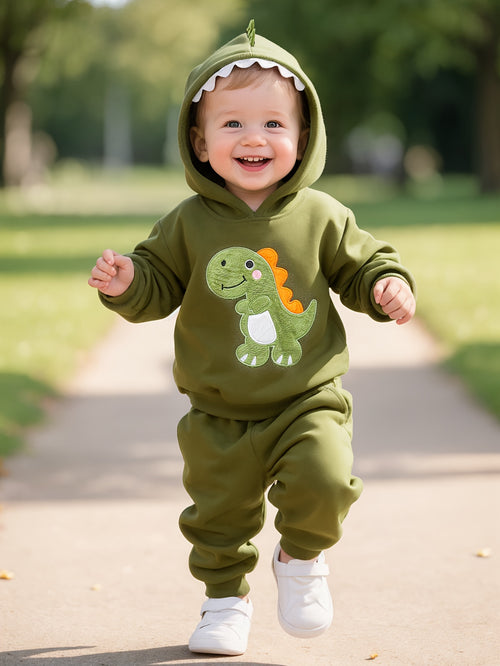 Conjunto de moletom com capuz e calça para bebê menino, tema dinossauro outono/inverno - detalhes em dentes e chifres. Ideal para uso ao ar livre nesta estação, Vestuário de Inverno para Exterior,Conjunto para Clima Frio,Conjunto de Moletom Dinossauro,Estampa de Animais Fofos,Detalhes dos Dentes de Dinossauro,Jovens Fãs de Dinossauros