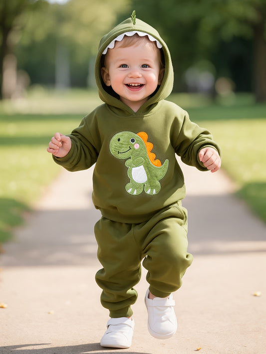 Conjunto de moletom com capuz e calça para bebê menino, tema dinossauro outono/inverno - detalhes em dentes e chifres. Ideal para uso ao ar livre nesta estação, Vestuário de Inverno para Exterior,Conjunto para Clima Frio,Conjunto de Moletom Dinossauro,Estampa de Animais Fofos,Detalhes dos Dentes de Dinossauro,Jovens Fãs de Dinossauros