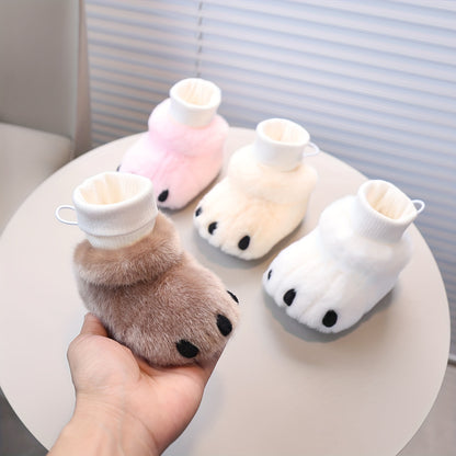 Sapatos de Primeiros Passos para Meninas - Botas de Inverno de Pelúcia Macia com Cara e Patas de Urso de Desenho Animado Fofas, Fecho Slip-On, Palmilha Acolchoada - Botas de Inverno Aconchegantes para Interior/Exterior, Calçado Confortável, Design Divertido, Auxílio para Caminhar para Crianças Pequenas, Roupa Casual para Meninas (Easy-Cl
