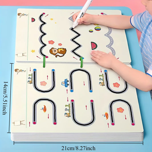 Conjunto de registro prático reutilizável para crianças com caneta apagável e borracha, exercícios de escrita de números e letras, treinamento de controle da caneta e aprendizado de habilidades de escritura em caderno educacional