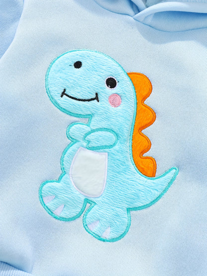 Conjunto de moletom com capuz e calça para bebê menino, tema dinossauro outono/inverno - detalhes em dentes e chifres. Ideal para uso ao ar livre nesta estação, Vestuário de Inverno para Exterior,Conjunto para Clima Frio,Conjunto de Moletom Dinossauro,Estampa de Animais Fofos,Detalhes dos Dentes de Dinossauro,Jovens Fãs de Dinossauros