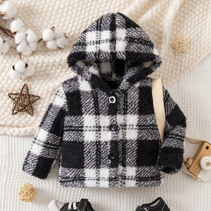 Novo Casaco de Inverno de Pelúcia com Capuz e Fechamento de Botões - Casaco Listrado e Aconchegante para Festas de Natal e Clima Frio (Corte Regular)