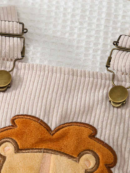 Macacão de bebé com bordado de leão fofo - Alça ajustável, decote quadrado, tecido de corduroy macio, design de leão de desenho animado, perfeito para o verão, roupa de bebé | Estilo casual | Material de corduroy, para exterior