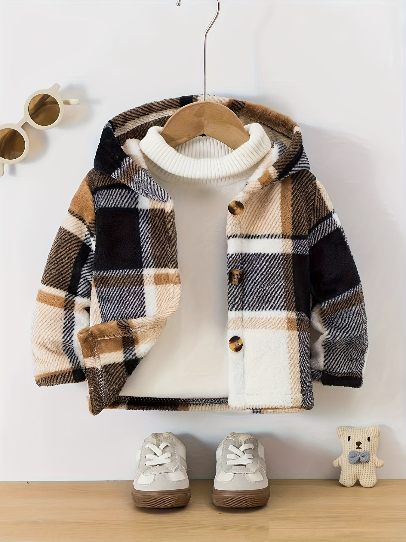 Novo Casaco de Inverno de Pelúcia com Capuz e Fechamento de Botões - Casaco Listrado e Aconchegante para Festas de Natal e Clima Frio (Corte Regular)