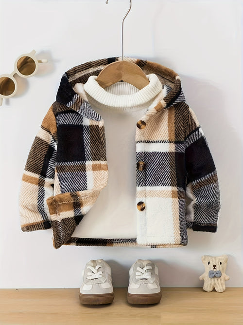 Novo Casaco de Inverno de Pelúcia com Capuz e Fechamento de Botões - Casaco Listrado e Aconchegante para Festas de Natal e Clima Frio (Corte Regular)