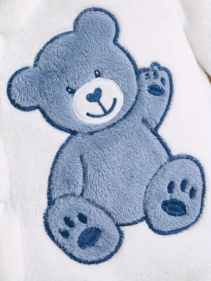 Macacão de Inverno Quente com Capuz para Meninos com Bordado de Urso de Desenho Animado - Macacão de Manga Comprida Espesso, Frente com Botões, Tecido de Pelúcia Macio, Perfeito para Brincadeiras ao Ar Livre de Outono/Inverno, Roupa de Bebé Menino, Roupa de Bebé Aconchegante, Roupa de Bebé Divertida, Botões de Pressão Duráveis