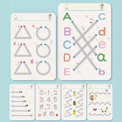 Conjunto de registro prático reutilizável para crianças com caneta apagável e borracha, exercícios de escrita de números e letras, treinamento de controle da caneta e aprendizado de habilidades de escritura em caderno educacional