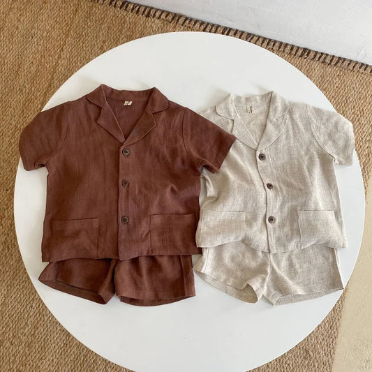 Toosly bebê menino menina conjuntos de roupas camisa + linho curto verão infantil criança homesuit botão manga curta roupas de bebê 1-7y