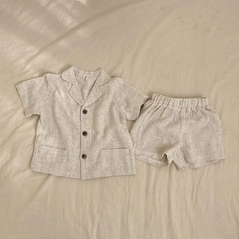 Toosly bebê menino menina conjuntos de roupas camisa + linho curto verão infantil criança homesuit botão manga curta roupas de bebê 1-7y
