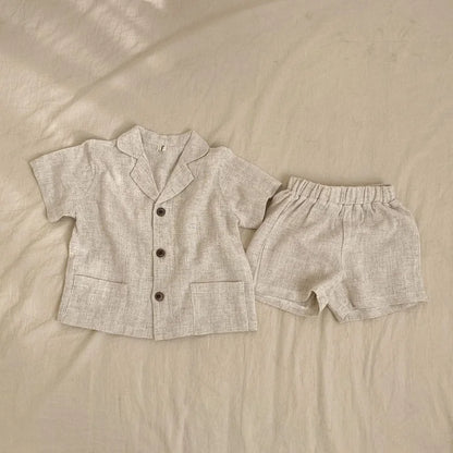 Toosly bebê menino menina conjuntos de roupas camisa + linho curto verão infantil criança homesuit botão manga curta roupas de bebê 1-7y