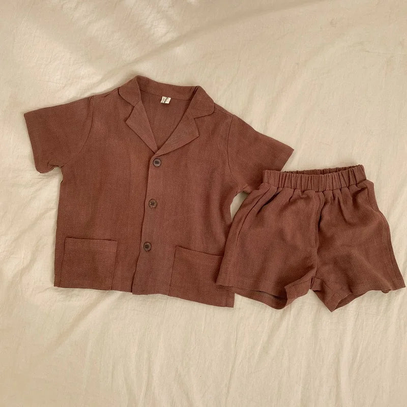 Toosly bebê menino menina conjuntos de roupas camisa + linho curto verão infantil criança homesuit botão manga curta roupas de bebê 1-7y