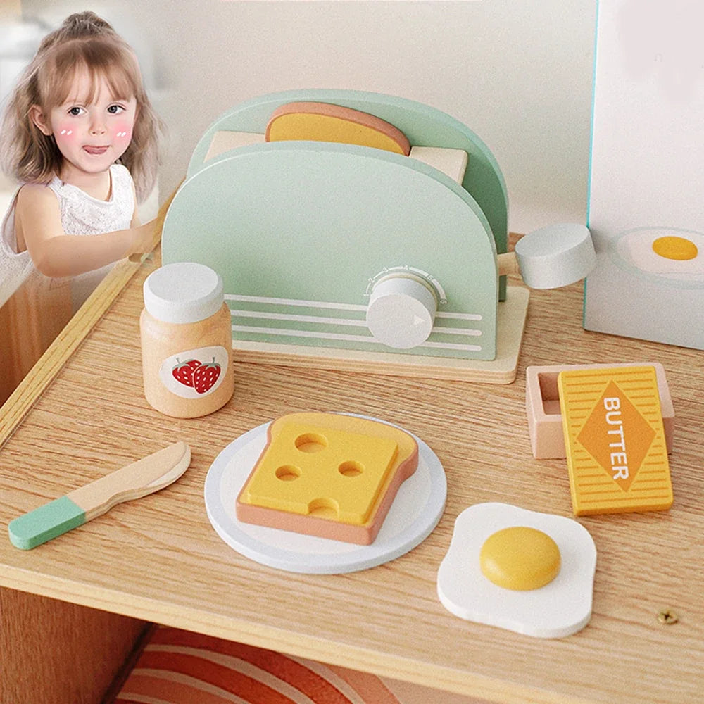 Toosly torradeira de madeira brinquedo crianças kit máquina pão fingir jogar brinquedos cozinha conjunto café da manhã brinquedos educativos presentes para meninas meninos