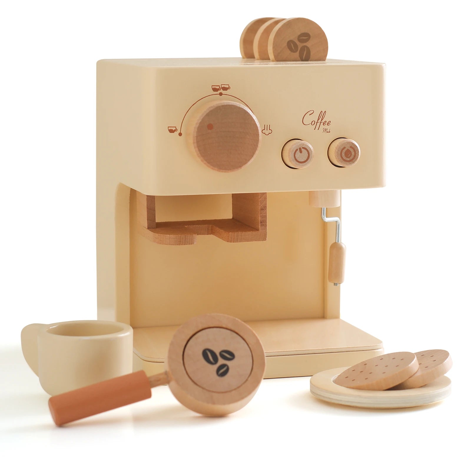 Toosly conjunto de brinquedos para máquina de café de bebê, suprimentos de cozinha de madeira, modelo de máquina de café para crianças, simulação de bolo de café, brinquedos de simulação com 10 peças