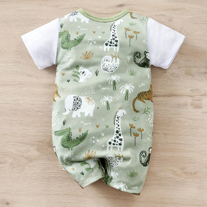 Toosly macacão infantil de estampa animal zoológico para bebê recém-nascido, bodysuit falso de duas peças com mangas curtas, casual, adorável