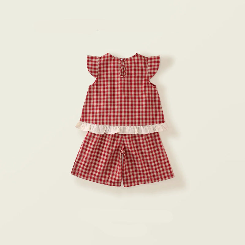 Toosly conjunto vestido menina pequena manga voadora vermelho xadrez conjunto 2025 verão novo estilo coreano calças de perna larga duas peças conjunto substituição cabelo