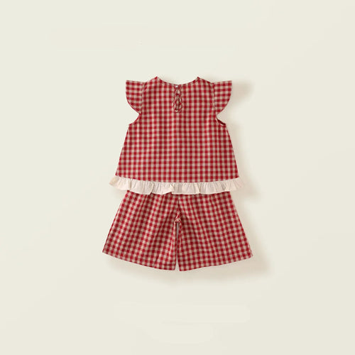 Toosly conjunto vestido menina pequena manga voadora vermelho xadrez conjunto 2025 verão novo estilo coreano calças de perna larga duas peças conjunto substituição cabelo