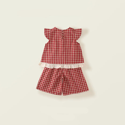 Toosly conjunto vestido menina pequena manga voadora vermelho xadrez conjunto 2025 verão novo estilo coreano calças de perna larga duas peças conjunto substituição cabelo